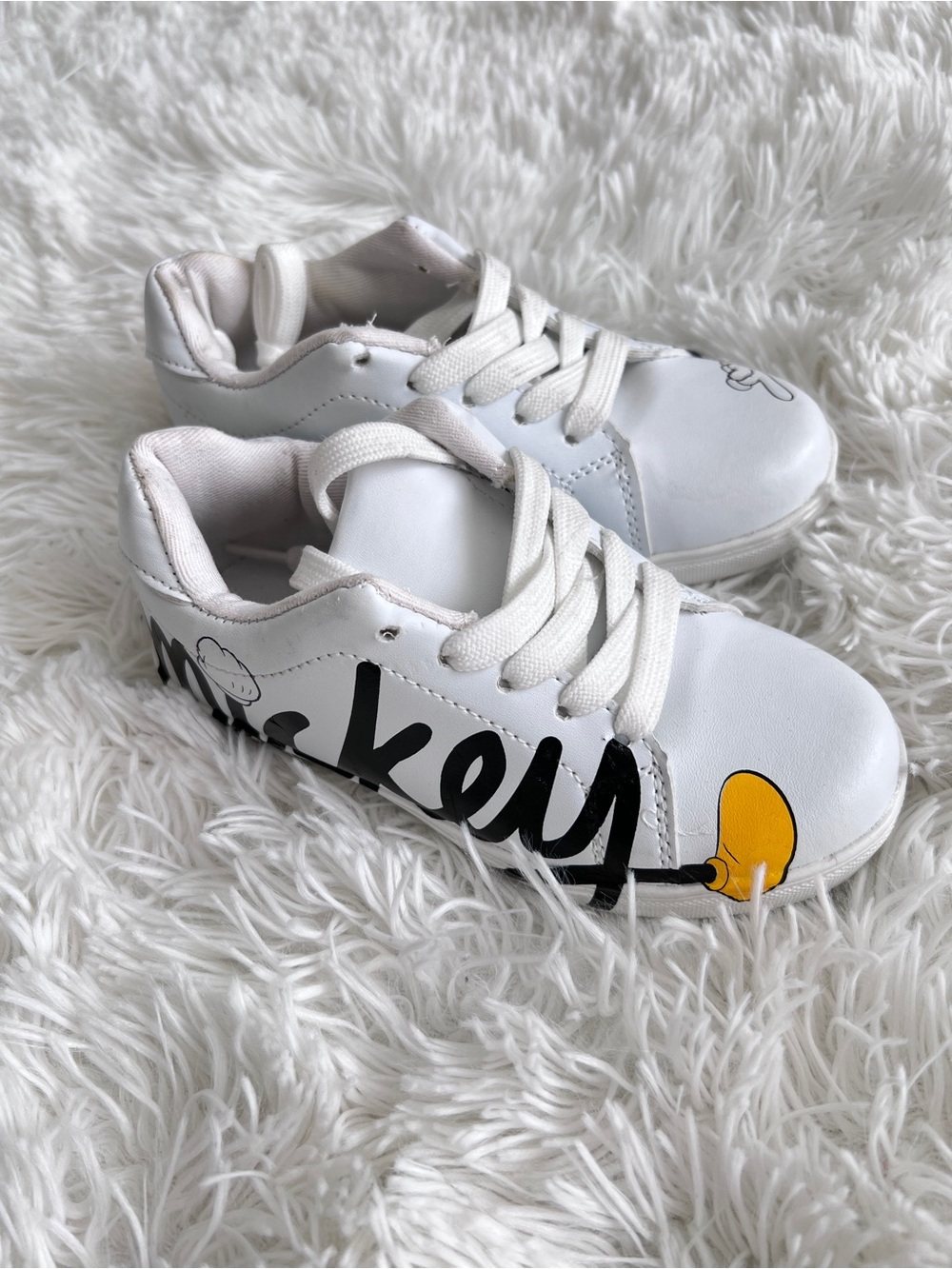 Disney White Kids Sneakers with Black Script and Yellow Accent